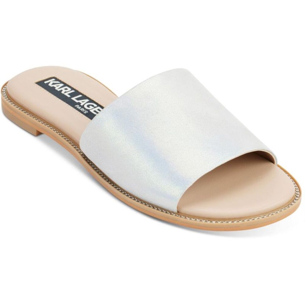 Karl Lagerfeld Paris Womens Gloria Silver Suede Flat Sandals Shoes NWT